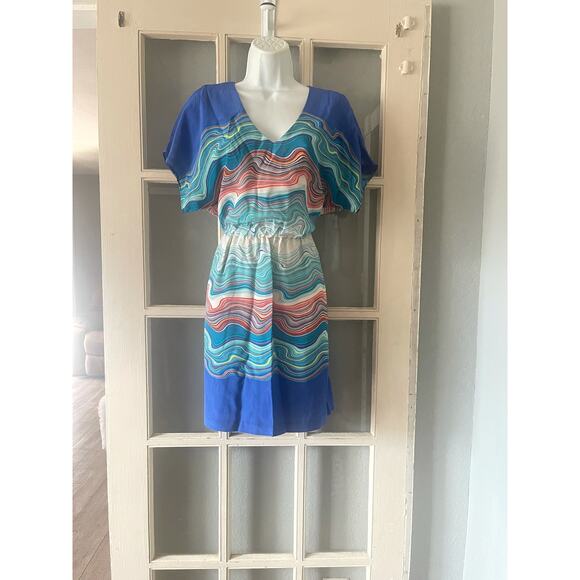 Trina Turk Blue Silk Agate Caspian Swirl Wave Dress - Picture 3 of 8